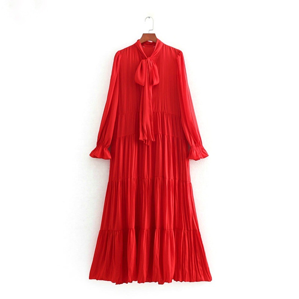 Red Long Sleeve Tie-Neck Tiered Maxi Dress